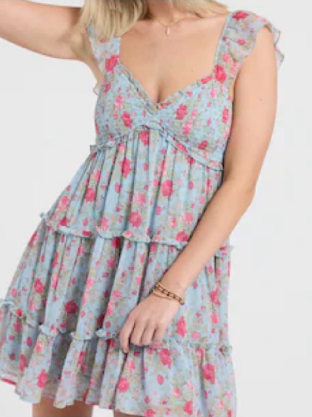 NEW WITH TAGS! Blue Floral Tiered Sundress with Pink Roses